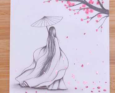 How to draw a girl under cherry blossom tree